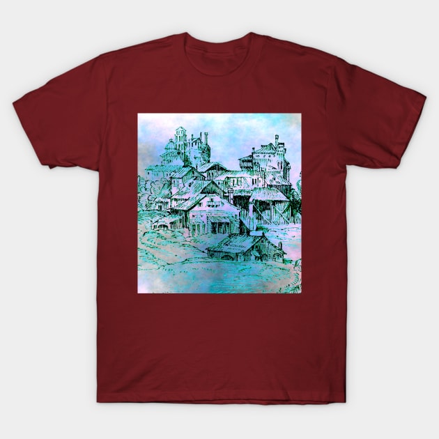 Ancient Town Outline Art Pastel Fog Background T-Shirt by Mazz M